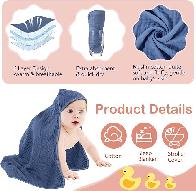 Peryiter 6 Pcs Muslin Hooded Baby Towels 32x32inch Cotton Newborn Bath Essentials Muslin Infant Blankets Absorbent Registry Baby Shower Present for Babies Girl Boy Kids (Green and Pink Series)