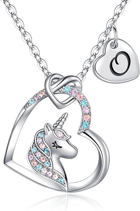 Hidepoo Valentines Gifts for Kids Girls - Unicorn Necklace Gifts for Teen Girls Kid, Colorful CZ Heart Pendant Initial Unicorn Necklaces for Girl Jewelry Birthday Gift for Girl Kid