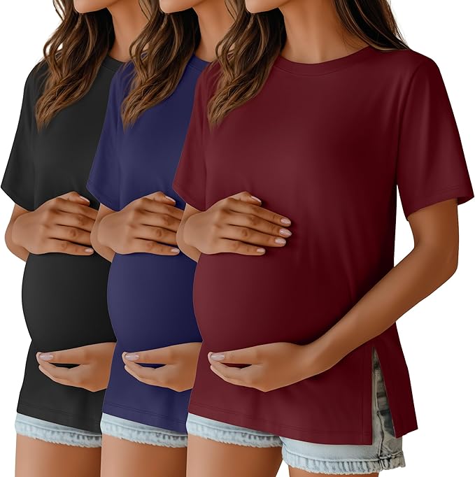 Ficerd 3 Pack Women's Maternity T Shirts, Short Sleeve Side Split Pregnancy Tops Casual Crew Neck Pregnant Tees Mama Clothes
