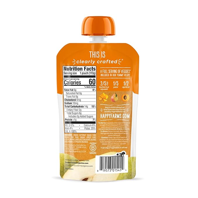 Happy Baby Organics Stage 2 Baby Food Pouches, Gluten Free, Vegan & Healthy Snack, Clearly Crafted Fruit Puree, Squash, Pears & Apricots, 4 Ounces (Pack of 16)