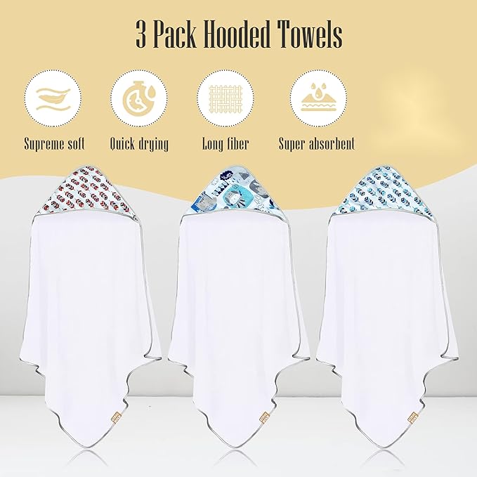 CORAL DOCK 3 Pack Baby Hooded Bath Towel Sets, Ultra Absorbent Baby Essentials Item for Newborn Boy Girl, Baby Bath Shower Towel Gifts for Infant and Toddler - Neutral Feather Jungle