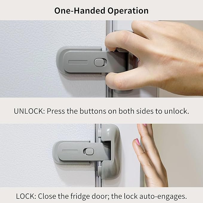 Fridge Lock for Kids, Refrigerator Lock Child Proof, Freezer Latches to Keep Door Closed, One Handed Operation, Strong Adhesive Tapes Included, Grey
