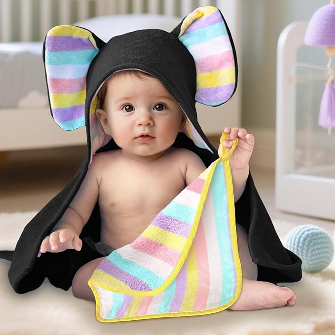 VOOVA & MOVAS Luxury Black Baby Hooded Bath Towel - 100% Cotton,500GSM, 33x31.5 Inches,0-2Years, Super Absorbent Large Towel with Cute Elephant Ears Hood for Newborn,Infant, Baby Essentials,Black
