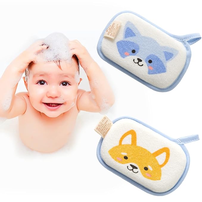 Baby Bath Sponge, 2 Pack Cartoon Animal Style Baby Sponge for Bathing, Infants Bath Sponge Ultra Soft & Absorbent Natural and Safe Great for Sensitive Skin, for Boys & Girls (Raccoon)