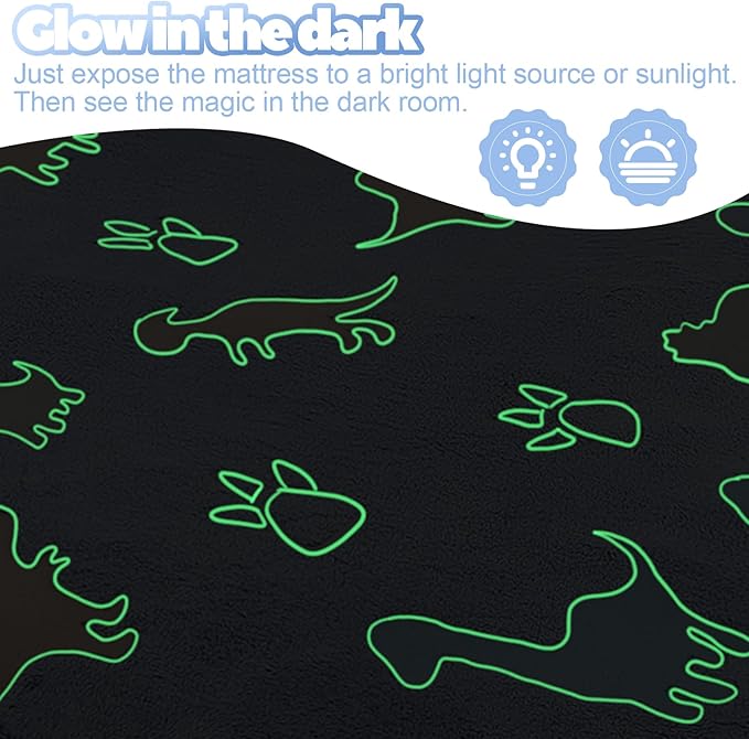 MeMoreCool Foldable Floor Mattress for Kids, Glow Dinosaur Trifold Mat, Kids Folding Mattress Portable Futon, 57x22 Inch Blue