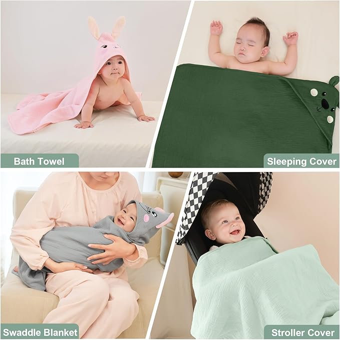 FIOBEE Hooded Baby Towels 100% Muslin Baby Bath Towels for Newborn with Animal Design Ultra-Soft and Absorbent Bath Essentials for Toddler, Unisex Girls Boys 30 x 30 inch, Green Bear