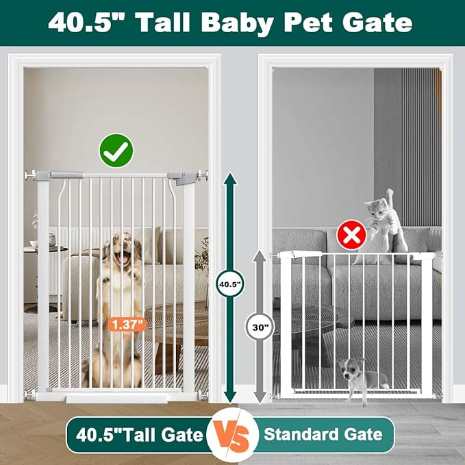 Fairy Baby 40.5" Extra Tall Baby Gate, 72.3"-76.7" Extra Wide Long Pet Gate, Metal Auto Close Safety Child Gate Indoor, Pressure Mounted Dog Gate No Climb Fence for Stairs Doorways Kid or Pet, White
