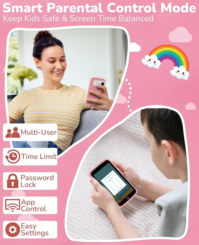 Kids Phone, Kids Smart Phone with 220+ Educational Games, 3.97" Touchscreen Learning Smart Phone Toy, 5MP Rear Camera, No SIM/Wi-Fi, Parental Controls, Rechargeable for Girls Ages 3–12