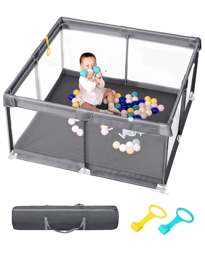 Baby Playpen with Mat, 50" x 50" Extra Large Play Yard for Babies and Toddlers, Baby Fence with Soft Thick Play Mat, Indoor Safety Activity Center for Infants, Easy to Assemble and Clean（Gray）