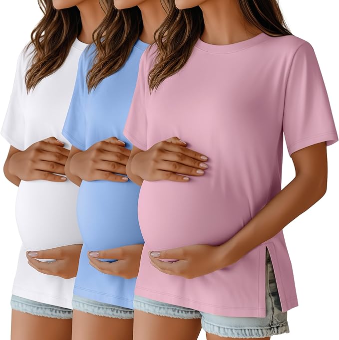 Ficerd 3 Pack Women's Maternity T Shirts, Short Sleeve Side Split Pregnancy Tops Casual Crew Neck Pregnant Tees Mama Clothes