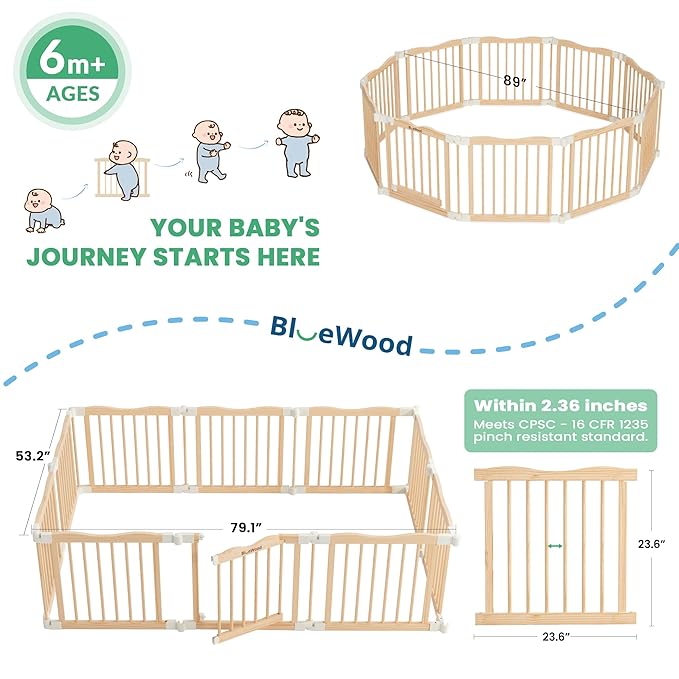 Foldable Wooden Playpen - Adjustable Wood Baby Play Yard with Door, Indoor Large Safety Fence for Babies and Toddlers - Easy Assembly, 83 x 55 x 24 inches, Nature Nest