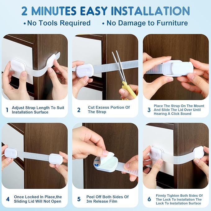 8 Pack Cabinet Locks Baby Proofing, Child Proof Cabinet Locks with Strong Adhesive Child Safety Locks for Doors No Drilling, Cabinet Locks for Babies- White