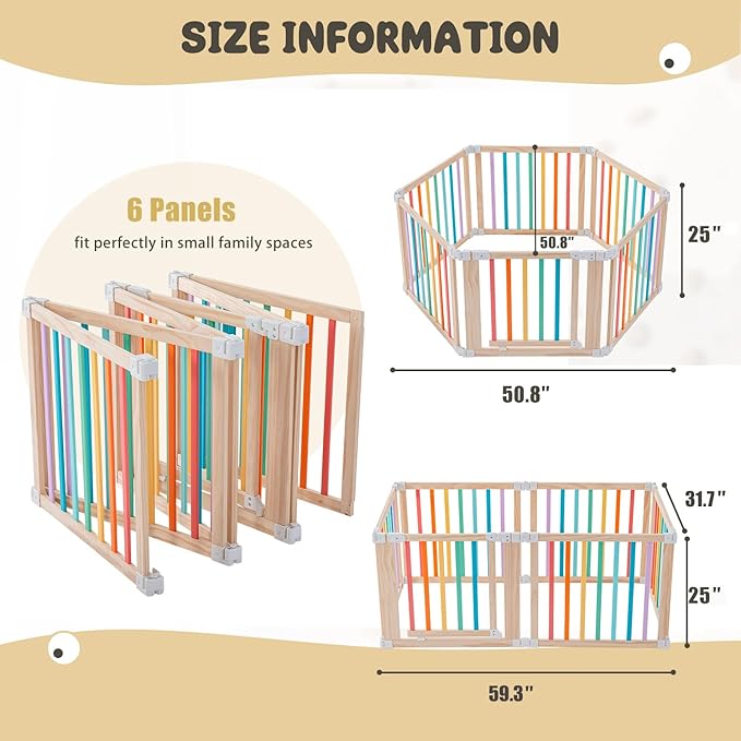 Baby Wooden Playpen, Foldable Shape & Size Adjustable Playpen for Toddler and Babies, Wood Baby Play Yard with Locking Gate, Large Pack and Play for Play Area Indoor(Multicolor, 6 Panel)