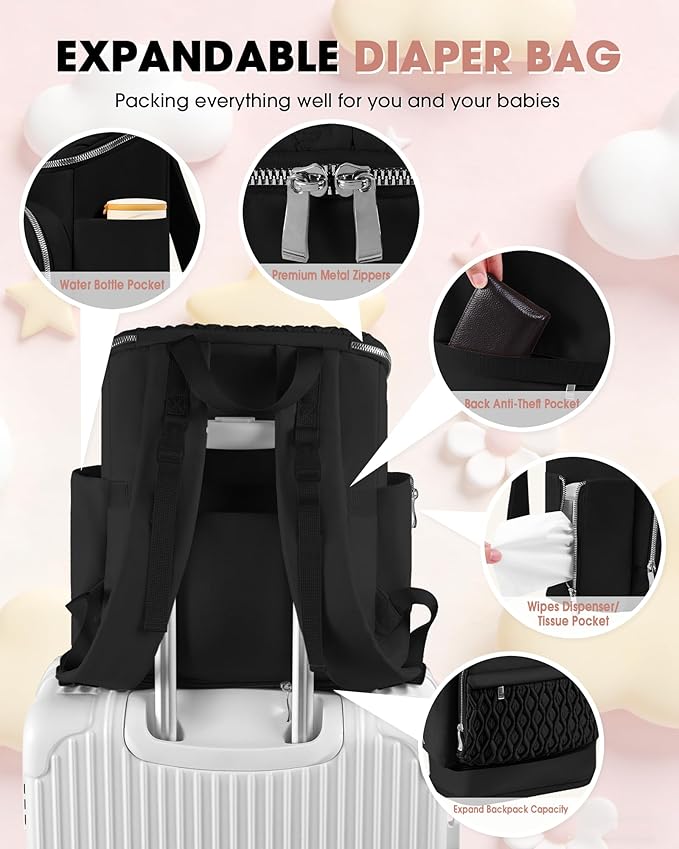 Baby Diaper Bag Backpack, Expandable Baby Bag for Girl Boy, Travel Diaper Backpack with Insulated Pocket, Changing Pad, Quilted Diaper Bag for Mom Dad, Newborn Baby Essentials Must Have Black