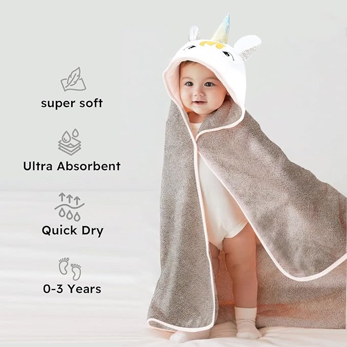 Super Soft Baby Hooded Towel, Cute Animal Bath Towels Ultra Absorbent Large 34x34 Inch for Newborn Infant,Toddler, Perfect (Unicorn) (Coffee)