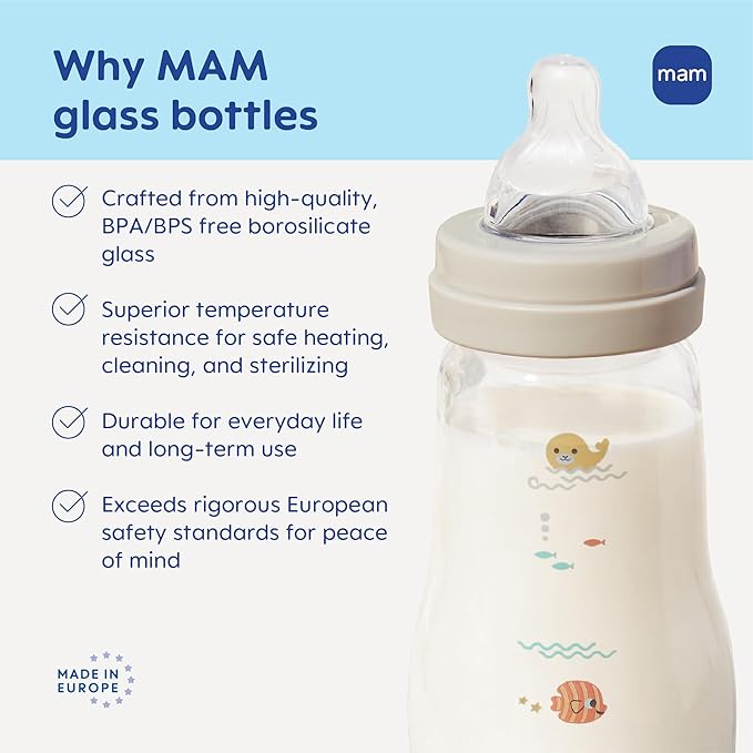 MAM Premium Glass Baby Bottles, Easy Switch Between Breast and Bottle, Feel Good Medium Flow, Newborn Essentials Must Have, 2+ Months, BPA Free, 9oz, Boy, 3pack