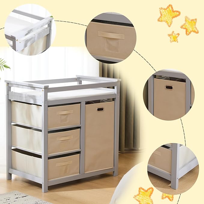 Karl home Modern Baby Changing Table,Dresser Baby Diaper Changing Station with Laundry Hamper,Infant Nursing Table with 3 Storage Drawers,Removable Safety Rail & Strap for Bedroom,Nursery,LightGrey