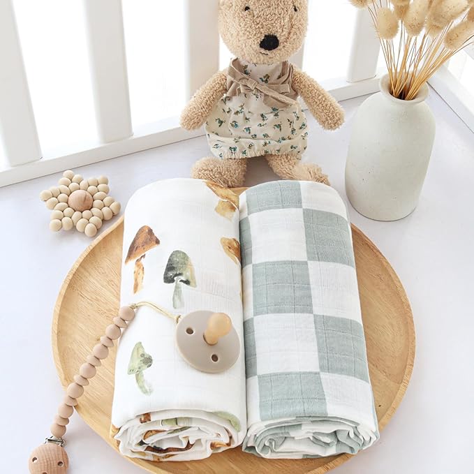LifeTree Muslin Swaddle Blankets, Baby Swaddling Blanket for Boys Girls, Super Soft 70% Viscose from Bamboo and 30% Cotton, Large 47" x 47", Checkered & Mushroom, Newborn Baby Registry