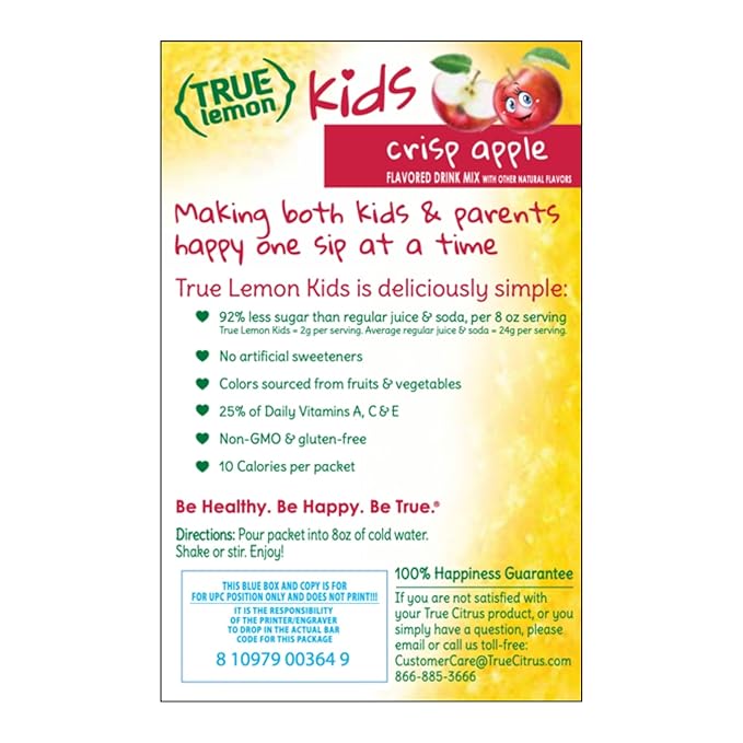 TRUE LEMON KIDS Crisp Apple (10 Packets) - Hydration, No Preservatives, No Artificial Flavors, No Sweeteners - Low Sugar Water Flavoring - Juice Powdered Drink Mix for Kids