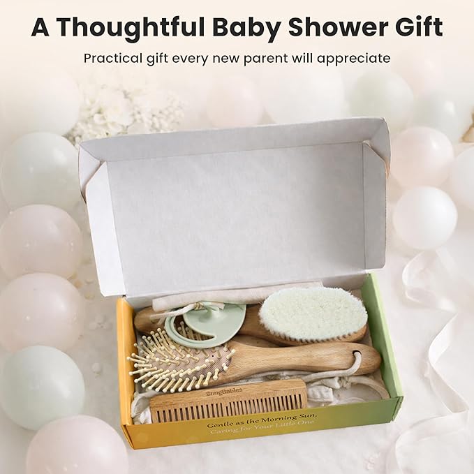 Baby Hair Brush & Comb Set for Newborns - Gentle Goat-Hair & Bamboo Bristle Hairbrushes with Easy Grip Wooden Handles - 5-Pack Baby Brush Set with a Cotton Travel Pouch - Gifts for Boys & Girls