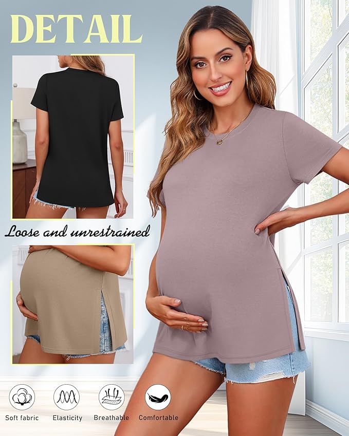 Ficerd 3 Pack Women's Maternity T Shirts, Short Sleeve Side Split Pregnancy Tops Casual Crew Neck Pregnant Tees Mama Clothes