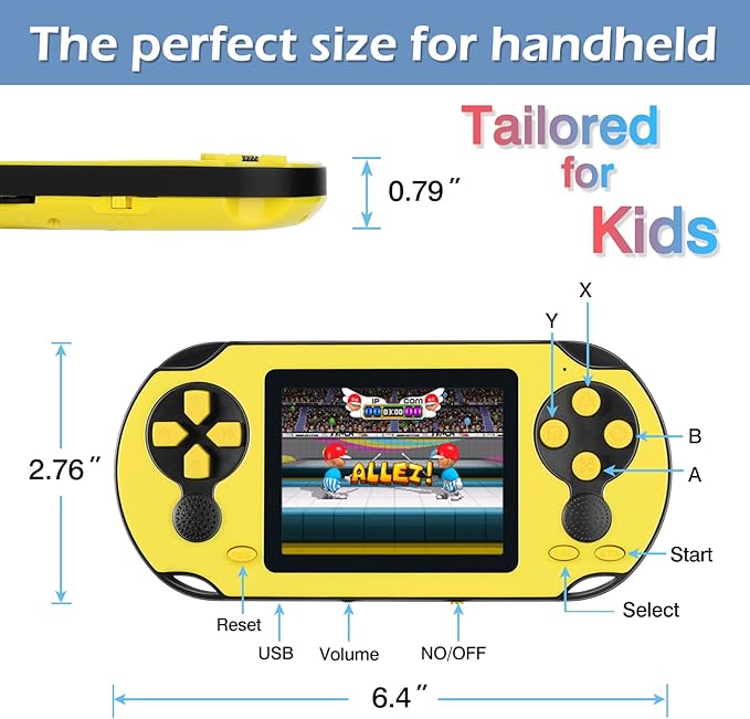 16 Bit Handheld Game for Kids Adults, 3.0'' Large Screen Preloaded 230 HD Classic Retro Video Games with USB Rechargeable Battery & 3 Game Cartridges for Birthday Gift for Kids 4-12 (Yellow)