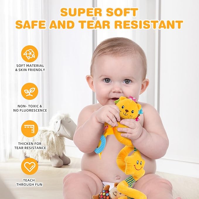 Jollybaby Crib Stroller Car Seat Toys for Baby 0-3-6-9-12 Months, Tummy Time Hanging Sensory Toys for Newborn with Music Box and Teether, Spiral Carseat Toy for Baby Boys Girls Gifts (07-Little Lion)