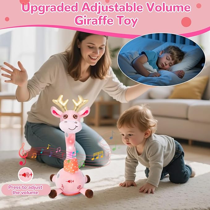 MILGEI Dancing Talking Giraffe Toy, Singing Musical Tummy Time Baby Toy with Volume Adjustment, 10 Children's Songs Light Up Toys, Repeating What You Say, Pink Giraffe Stuffed Animal for Girls Boys