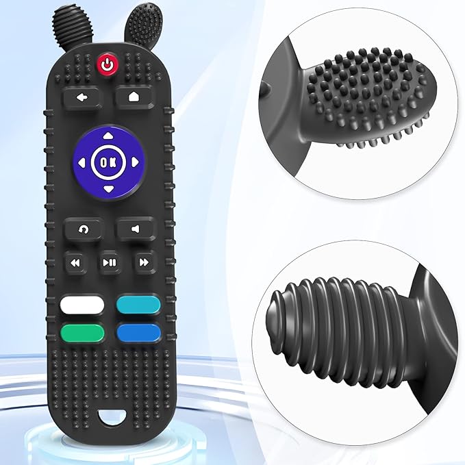TV Remote Control Shape Baby Teething Toys and Phone Shape Teether Toys for Babies 6-12 Months, Soft Flexible Silicone Chew Toys for Baby - Black