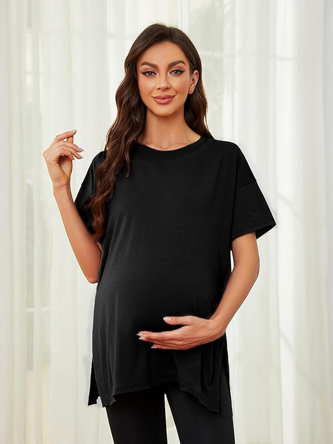 Ecavus Women's Casual Maternity Shirts Split Side Pregnancy Tops Blouses Short Sleeve Loose Fit Maternity Clothes