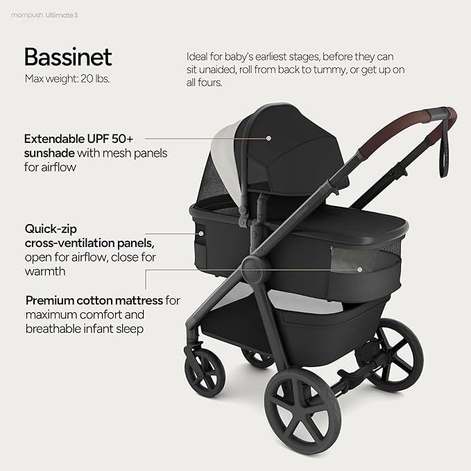 Mompush Ultimate 3 Full Size Baby Stroller with Bassinet from Newborn to 50 lbs - All-Terrain Large Wheels with Full Suspension, Reversible & Extendable Seat for Growing Kids, One-Second Compact Fold