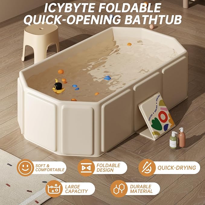 Collapsible Baby Bathtub for Newborns to Toddlers, Foldable Infant Bath Tub with Non-Slip Base, Large Portable Travel Shower Basin for Small Spaces, Camping, Easy Storage, White