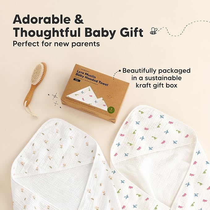 KeaBabies Muslin Baby Bath Towels with Hood for Girls, Boys -Large Organic Cotton Hooded Baby Towels for Newborns,Toddlers,Infant,Kids,Soft Absorbent Newborn Bath Essentials Gift Set(Roarsome, Petite)