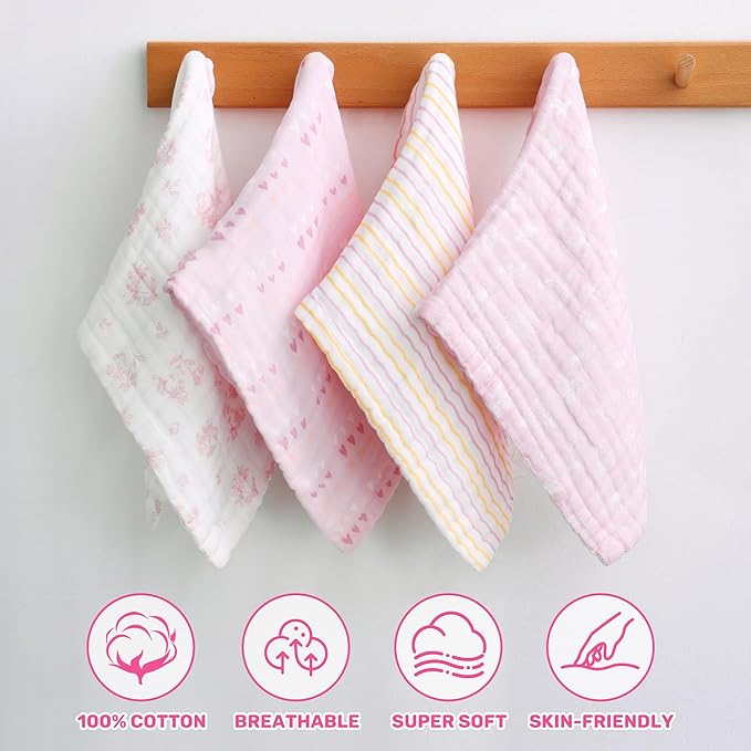 Viviland Baby Muslin Burp Cloths, Super Absorbent Washcloths for Baby Girl and Boy, 10 x 20 inches 6-Layer Baby Bath Towels, Pink Flowers & Hearts 4 Pack