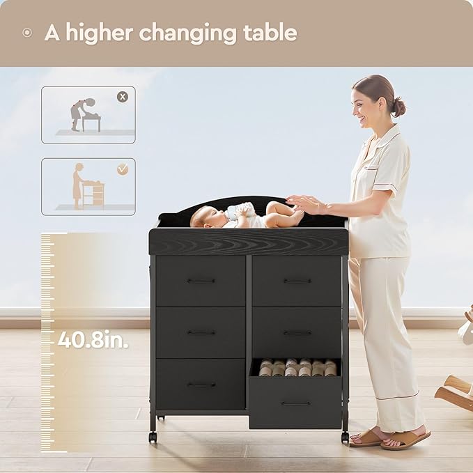 Baby Changing Table Dresser with Wheels, 6-Fabric Drawer Baby Dresser with Changing Table Top, Waterproof Diaper Changing Station & Pad, Mobile Storage Unit, Compact Baby Furniture, Black