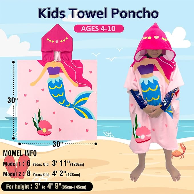 Hooded Kids Beach Towels - Toddler Bath Towel Girls Boys Swim Cover-ups for Ages 4 to 10 Kids Pool Towels Quick Dry Lightweight Soft Microfiber Poncho 30x30(Pink Mermaid)