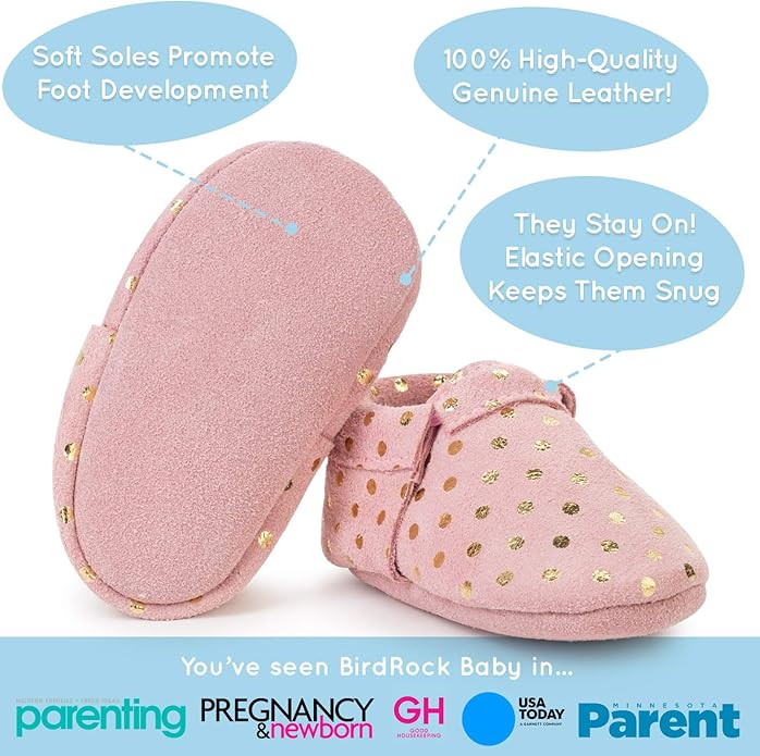 BirdRock Baby Fringeless Moccasins - Genuine Leather Boys and Girls Shoes for Newborns, Infants, Babies, Toddlers
