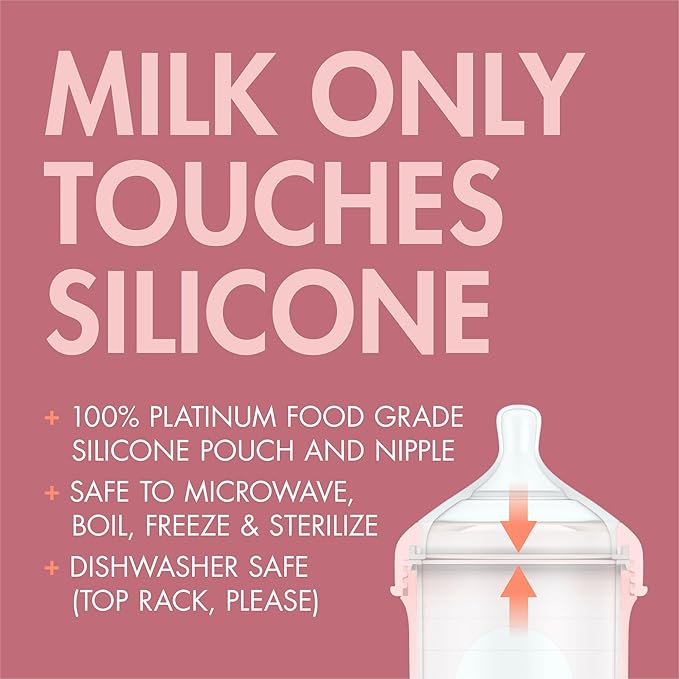 Boon Nursh Bottles - Silicone Baby Bottles Help Ease Colic Symptoms - Formula and Breast Milk Only Touch Food-Grade Silicone - Medium Flow - 8 Oz - Pink