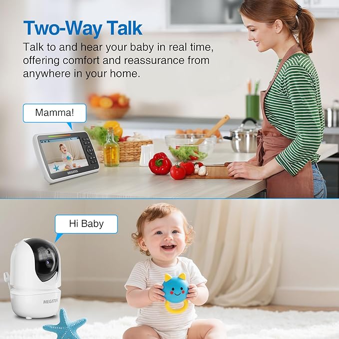 MEGATEK BabyView Video Baby Monitor with Camera and Audio, 5” Screen, Pan-Tilt-Zoom, No-WiFi 2.4GHz Wireless, 30-Hour Battery, Night Vision, 2-Way Talk, VOX, Lullabies, Timer, Temperature Alerts