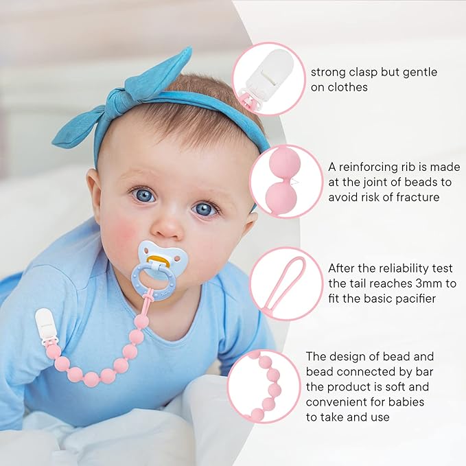 Pacifier Clips Baby Girl, 4 Pack One Piece Flexible Soft Binky Clips Silicone Pacifier Holder Clip for Girls, Baby Girl Newborn Essentials