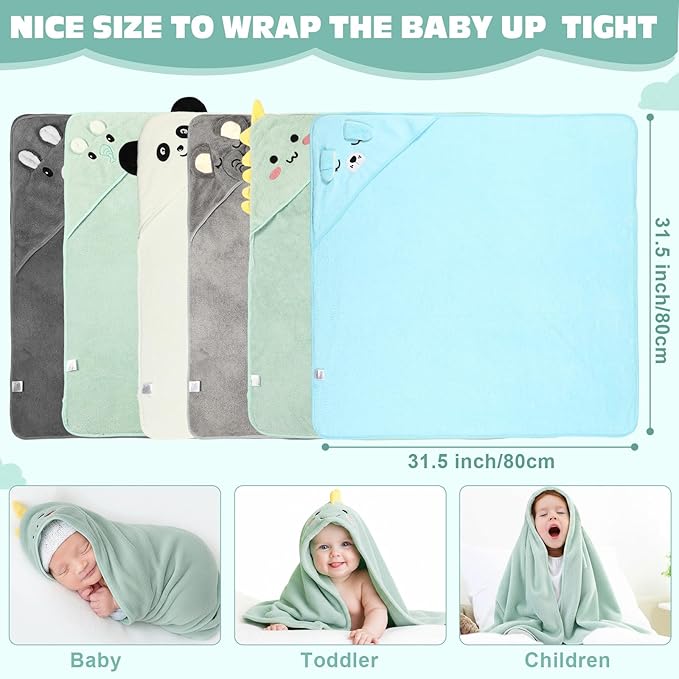 6 Pack Baby Hooded Towels Coral Fleece Baby Bath Towels 31.5 x 31.5 Inch Soft Absorbent Hooded Bath Blanket for Newborn Toddler Infant Boy Girl Shower Gift Supplies(Multicolor,Cute)