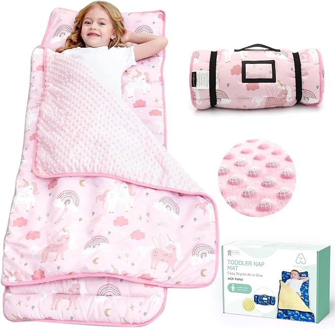 ACRABROS Toddler Nap Mat with Pillow and Blanket, Large Rolled Napping Mats,Slumber Bags for Boys Girls,Kids Sleeping Bag for Daycare, Preschool Travel