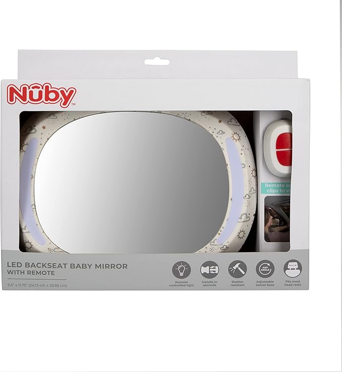 Nuby LED Light Backseat Baby Car Mirror with Remote Controlled Light, Wide View Shatter Resistant Mirror, Adjustable, White Cloud