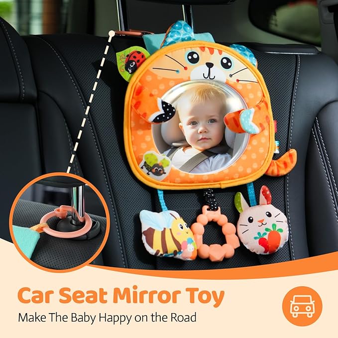 Jollybaby Car Seat Crib Stroller Play Gym Hanging Toy for Baby 0-3-6-12 Months, Tummy Time Mirror Toys Gifts for Newborn Infants, Carseat Travel Toy for Road Trip - Cat