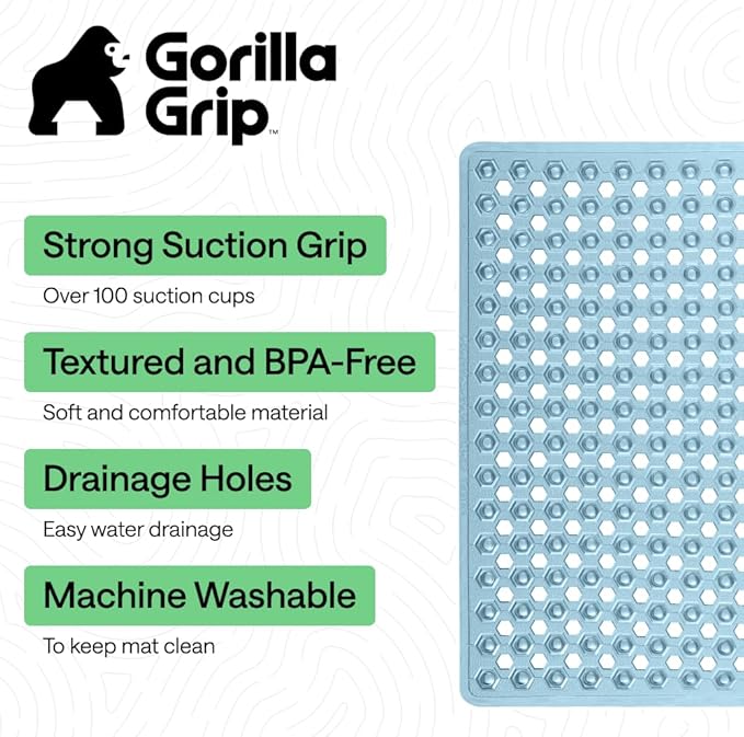 GORILLA GRIP Patented Square Shower Stall Mat, Small Bathtub Floor Mats for Stand Up Showers with Suction Cups and Drainage Holes, Machine Washable, Soft on Feet, Bathroom Accessories 21x21 Inch, Blue