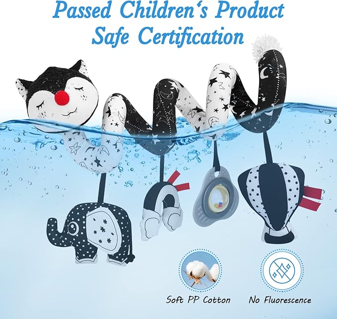 FATI Car Seat Toys for Babies 0-6 Months, Black and White High Contrast Baby Spiral Carseat Toy for Infant 0-3, 3-6 Newborn, Stroller Toys for 0 3 6 9 12 Months Baby Ideal Gift