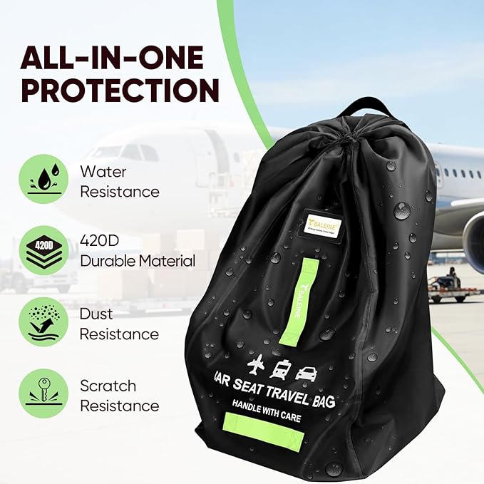 BALEINE Car Seat Travel Bag for Airplane, Water-Resistant Car Seat Bags for Air Travel, Foldable Cover with 3 Handles, Fits Toddler Carseat, Convertible and Booster Seats (Black)