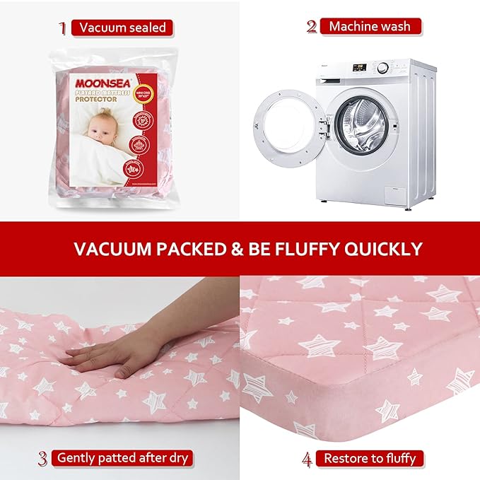 Pack and Play Sheets Fitted, Breathable Thick Playard Lovely Print Cover 39"×27"×5" Compatible with Graco Pack n Play, Pink Star
