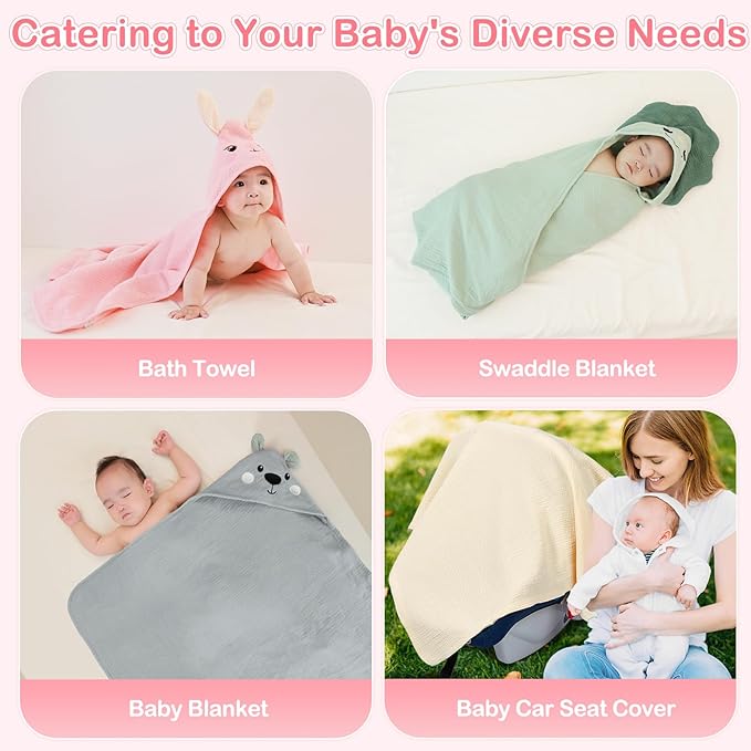 Unicorn Castle Hooded Baby Towels 2Pack 100% Muslin Baby Bath Towels for Newborn Animal Design Ultra-Soft Baby Girl Boy Bath Essentials 30 X 30 Inch,Gray Bear - Beige