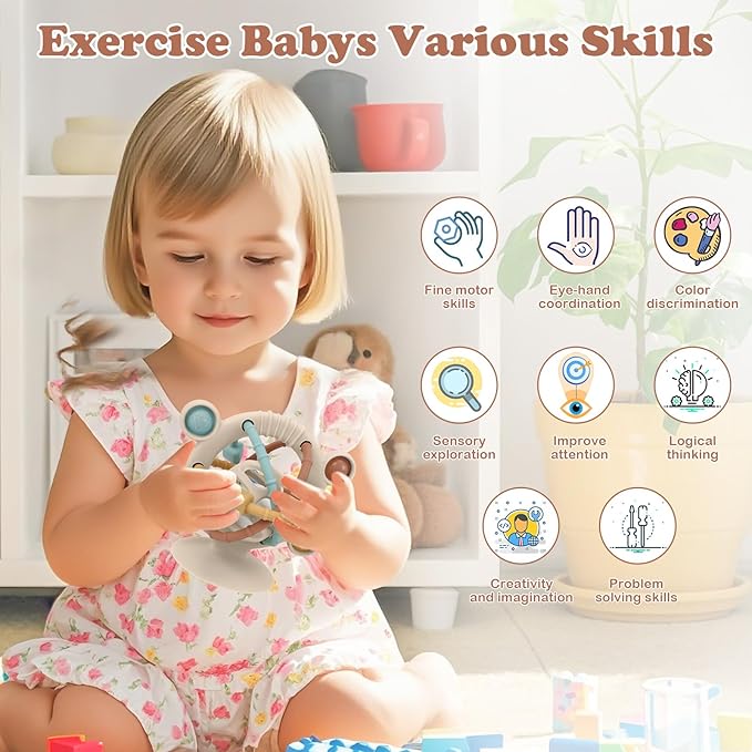 TYRY.HU Silicone Baby Teething Toys for Babies 0-6 6-12 Months, Multi Purpose High Chair Toys, Baby Suction Table Toys, Montessori Sensory Toys with Rattle for Teething Relief, Gift for Infant, Khaki